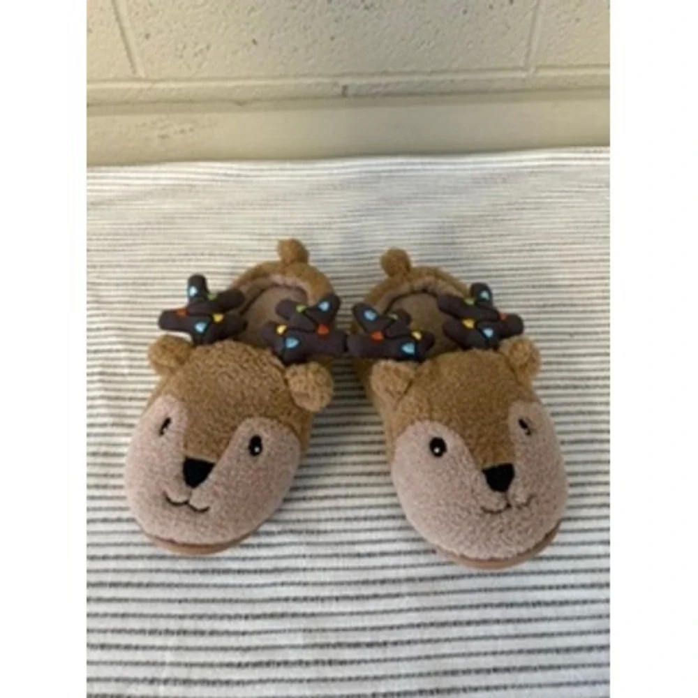 Kids Reindeer Holiday Slippers Brown Sherpa Plush Christmas Light Up Size M 2/3